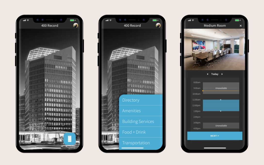 Three mobile devices show screens from an application. The first shows a photograph of a skyscraper at night. The second, the same screen with a menu expanded with options like directory, amenities, and building services. The third shows a screen allowing a user to book a conference room, showing available time slots below a photograph of the room.